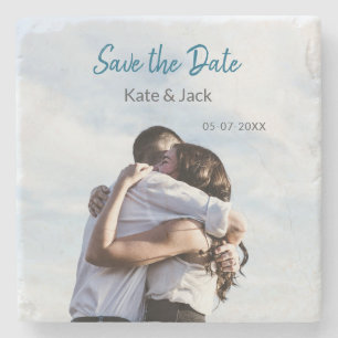 BLUE WHITE CLASSIC SCAN QR SAVE THE DATE STONE COASTER