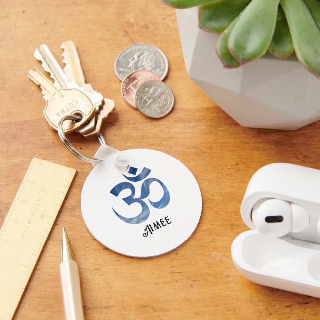 Blue & White Clouds Om Symbol 2-in Aluminum Keychain (Desk)