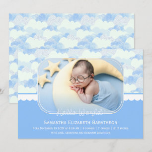 Blue & White Clouds Personalized Baby Birth Announcement