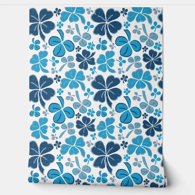 Blue White Clover Shamrock Hand Drawn Pattern Wallpaper (Unrolling)