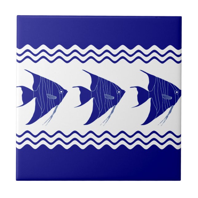 Blue White Coastal Angelfish Stripes Tile (Front)