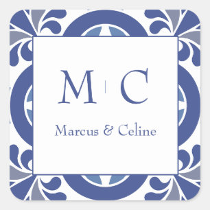Blue & White Coastal Mediterranean Wedding Square Sticker