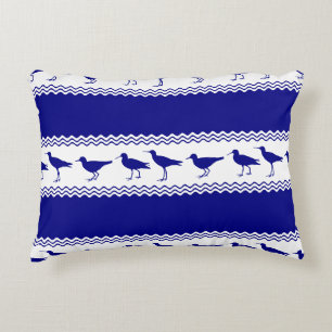 Blue White Coastal Sandpiper Bird Stripes Accent Pillow