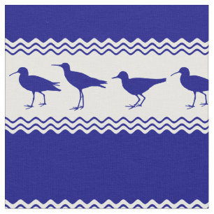 Blue White Coastal Sandpiper Bird Stripes Fabric