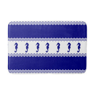 Blue White Coastal Seahorses Stripes Bath Mat