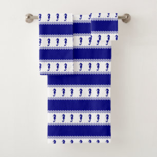 Blue White Coastal Seahorses Stripes Bath Towel Set