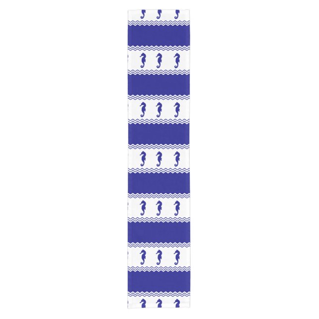 Blue White Coastal Seahorses Stripes Short Table Runner (Front)