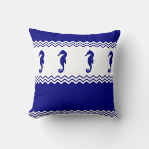 Blue White Coastal Seahorses Stripes Throw Pillow