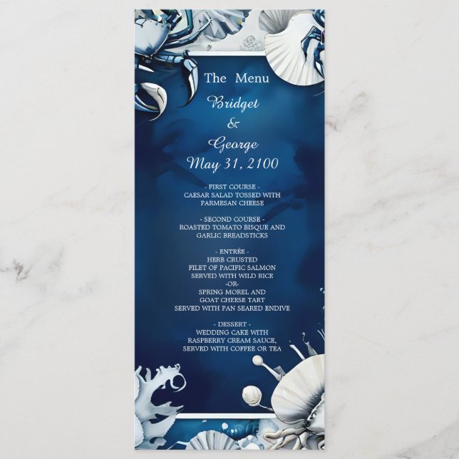 blue & white coastal vibe wedding program & menu (Front)