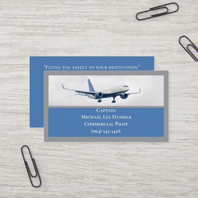 Blue White Commercial  Airplane Captain Pilot  Business Card (Front/Back In Situ)