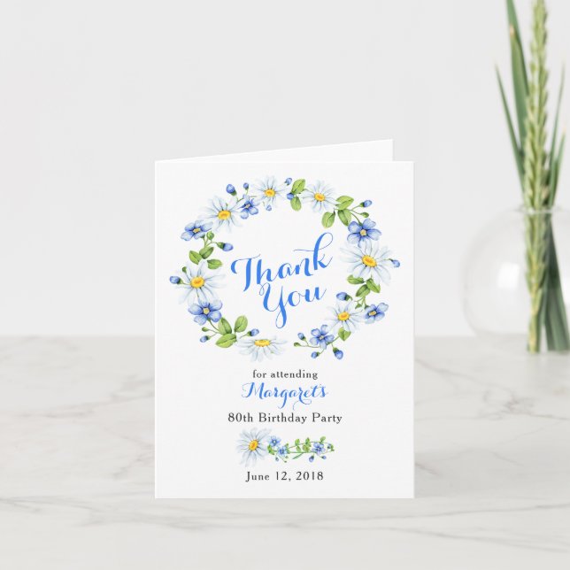 Blue White Country Daisy 80th Birthday Thank You (Front)