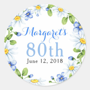 Blue White Country Daisy Floral 80th Birthday Classic Round Sticker