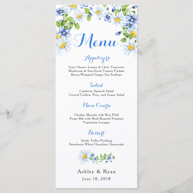 Blue White Country Daisy Floral Wedding Menu (Front)