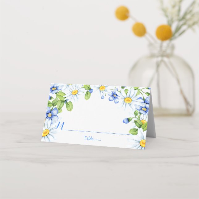 Blue White Country Daisy Floral Wedding Place Card (Front)