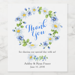 Blue White Country Daisy Floral Wedding Thank You Wine Label