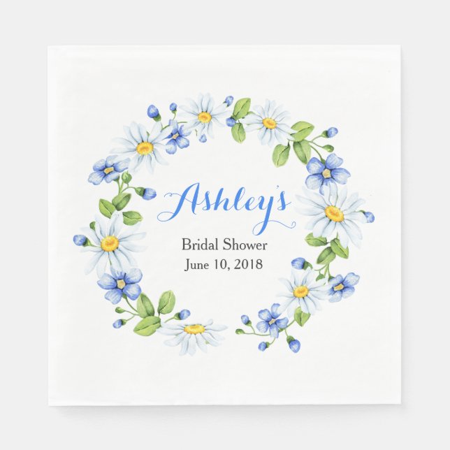 Blue White Country Daisy Wreath Bridal Shower Napkin (Front)