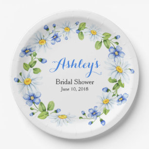 Blue White Country Daisy Wreath Bridal Shower Paper Plate