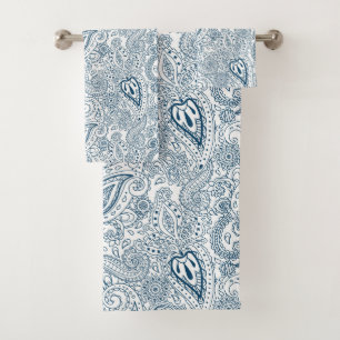 blue white Country paisley pattern tiled Bath Towel Set