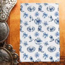 Blue White Cowgirl Boots Bows Toile Chinoiserie