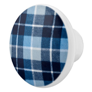 Blue White Cozy Plaid Flannel Ceramic Knob