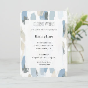 Blue White Cream Abstract Birthday Invitation