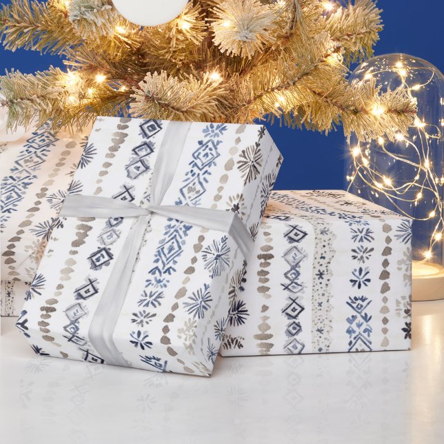 Blue White Cream Stripes Christmas Wrapping Paper (Holidays)
