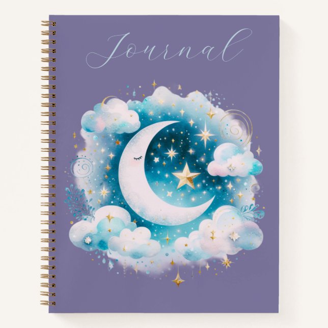 Blue & White Crescent Moon Celestial Boho Journal (Front)