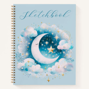 Blue White Crescent Moon Celestial Boho Sketchbook Notebook