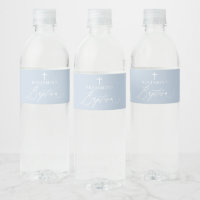 Blue White Cross Boy Baptism Water Bottle Label
