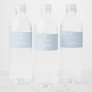 Blue White Cross Boy Baptism Water Bottle Label
