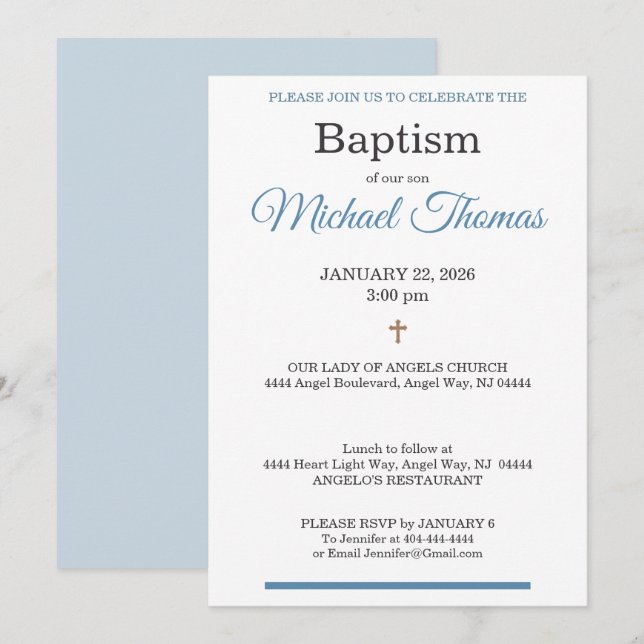 Blue White Cross Custom Name Baptism Invitation (Front/Back)