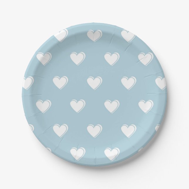 Blue White Cute Simple Heart Pattern Paper Plate (Front)