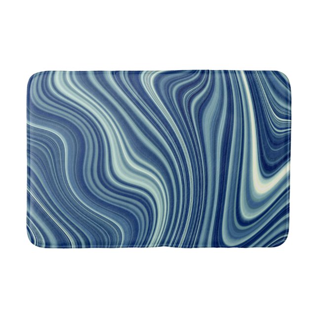 Blue White Cyan Wavy Agate Abstraction Bath Mat (Front)