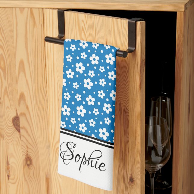 Blue & White Daisies Personalized  Kitchen Towel (Thirds Fold)