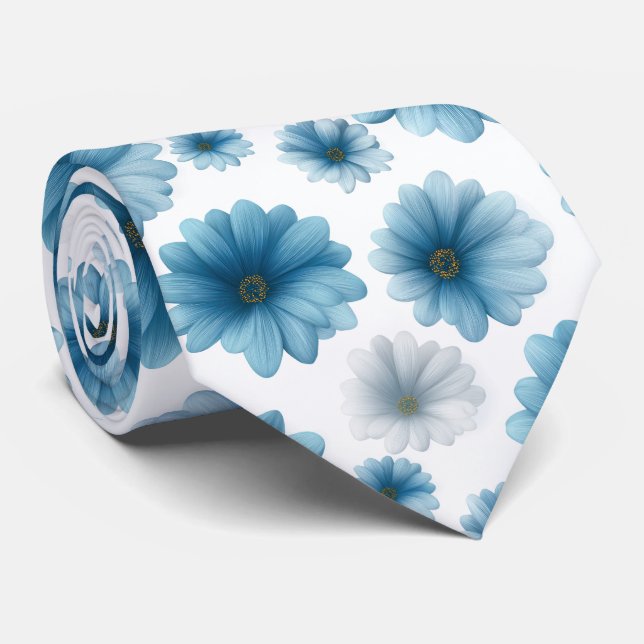 Blue White Daisy Floral Pattern Tie (Rolled)