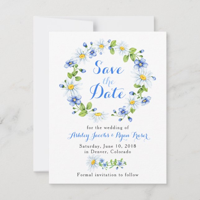 Blue White Daisy Floral Wedding Save the Date (Front)