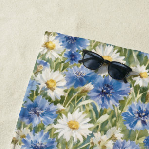 Blue White Daisy Flowers Beach Towel
