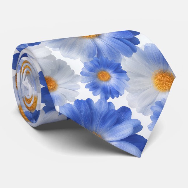 Blue White Daisy Watercolor Pattern Tie (Rolled)