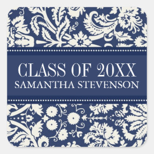 Blue White Damask Graduation Custom Year Name Square Sticker