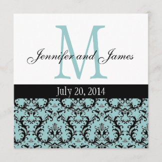 Blue White Damask Monogram Wedding Invitation