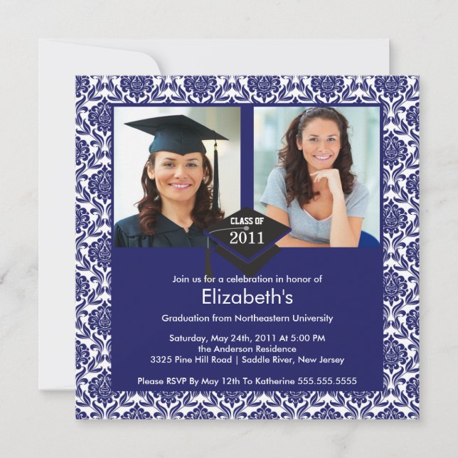 Blue & White Damask Photo Graduation Invitation (Front)