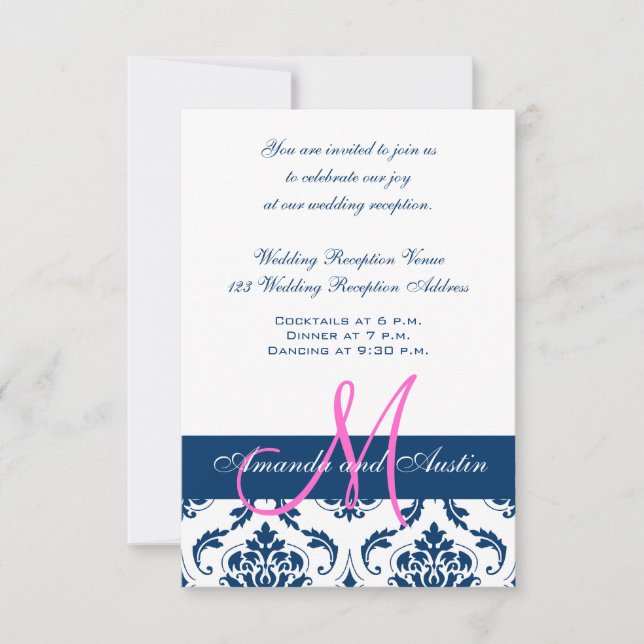 Blue White Damask Wedding Reception Invitation (Front)
