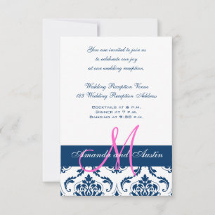 Blue White Damask Wedding Reception Invitation