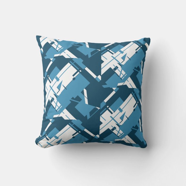 Blue White Dark Turquose Diagonal Print Pattern Throw Pillow (Front)