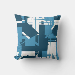 Blue White Dark Turquose Geometric Abstract Motif Throw Pillow
