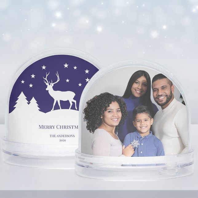 Blue White Deer Christmas Family Photo Pine Trees Snowglobe (Creator Uploaded)
