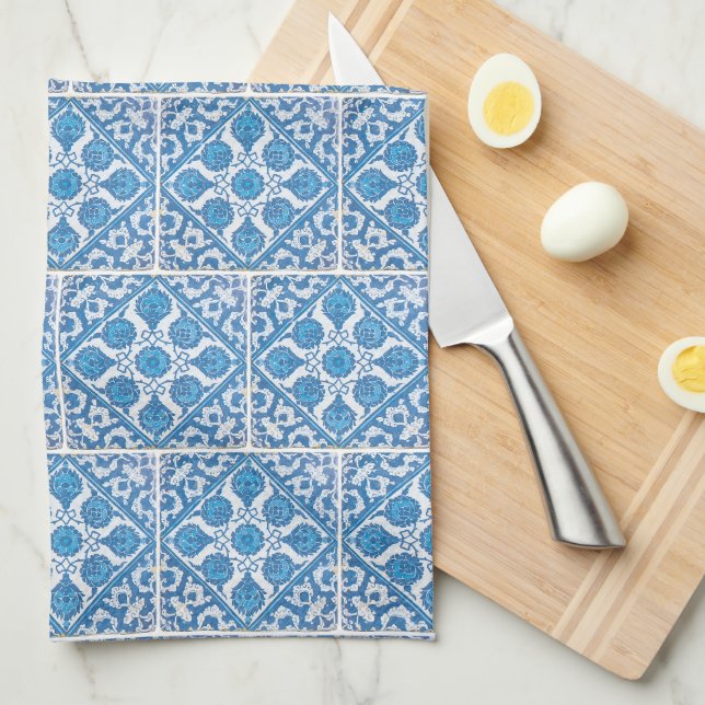Blue White Delft Cornflower Faux Tile Pattern Kitchen Towel (Quarter Fold)