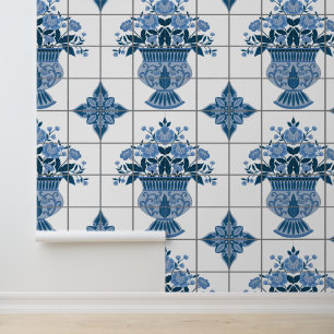 Blue & White Delft Floral Arrangement Tile Wallpaper