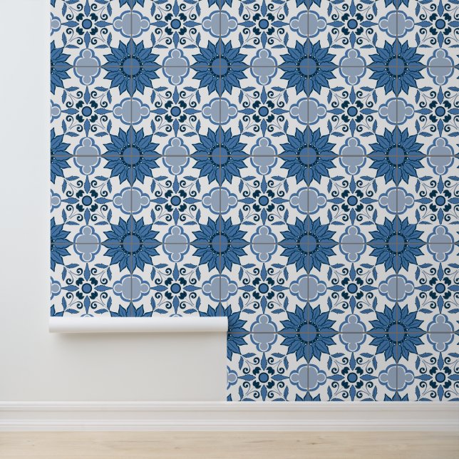 Blue & White Delft Floral Tile Pattern Wallpaper (Application)