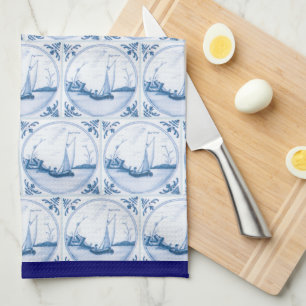 Blue White Delft Sailboat Pattern Blue Border Kitchen Towel